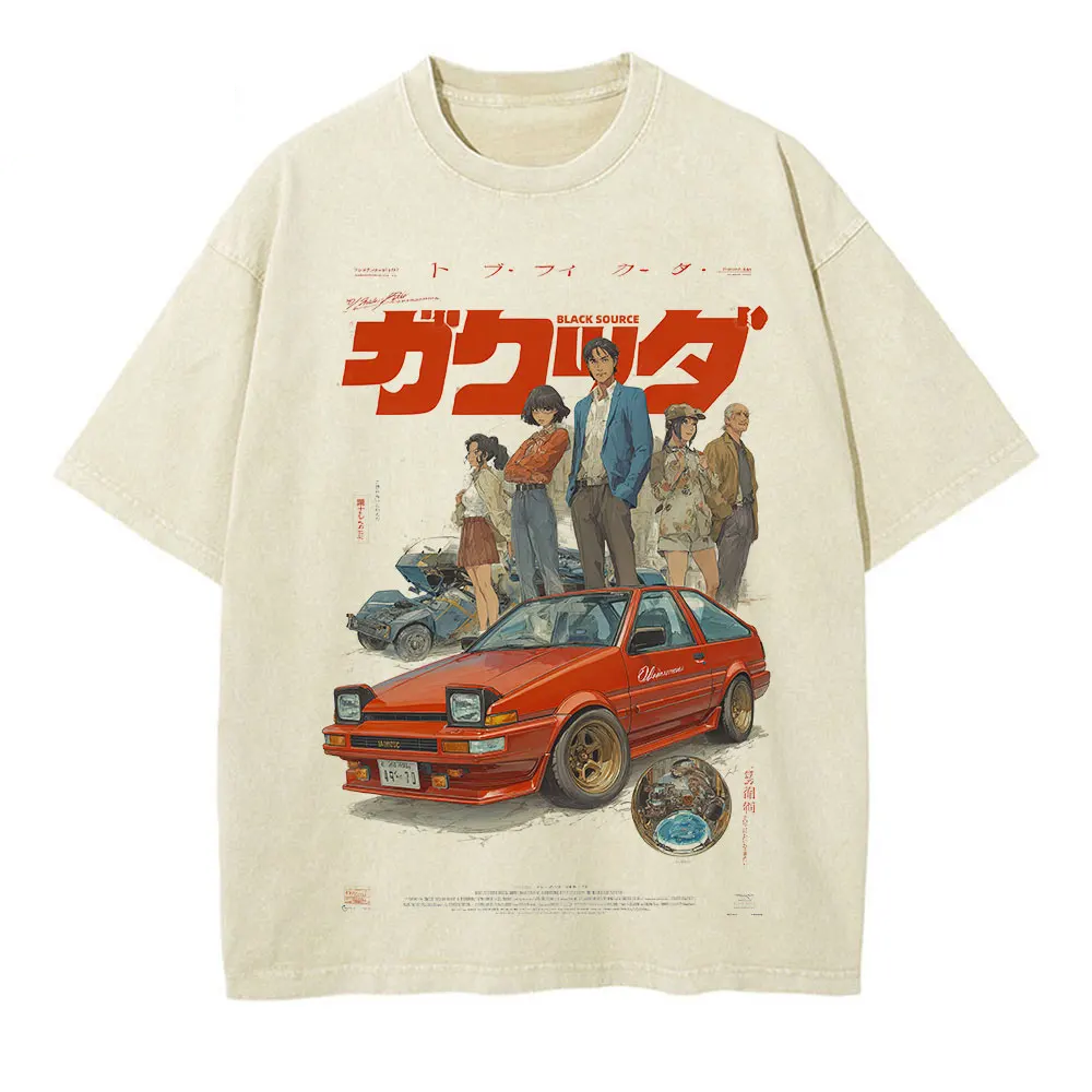 Japanese Cat Cartoon Graphic Baggy T-Shirt Men Streetwear