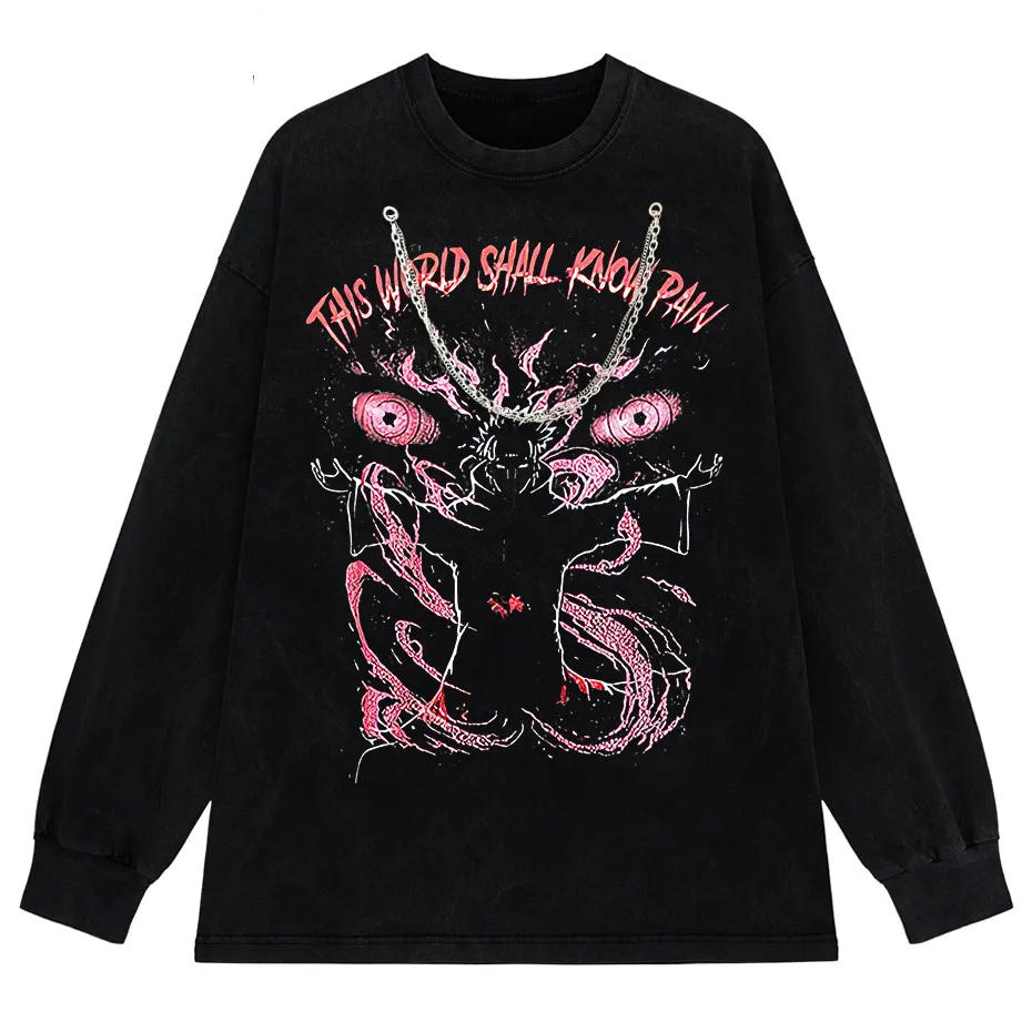 Anime Pain Print Vintage Washed T-Shirt 100% Cotton Harajuku Streetwear