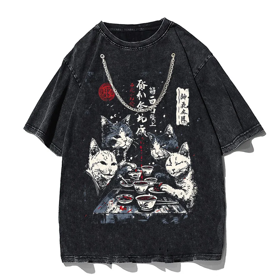 Japanese Cat Cartoon Graphic Baggy T-Shirt Men Streetwear