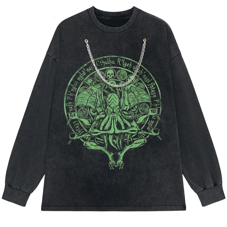 Vintage Green Cthulhu T-Shirt Men Oversized Streetwear Tee