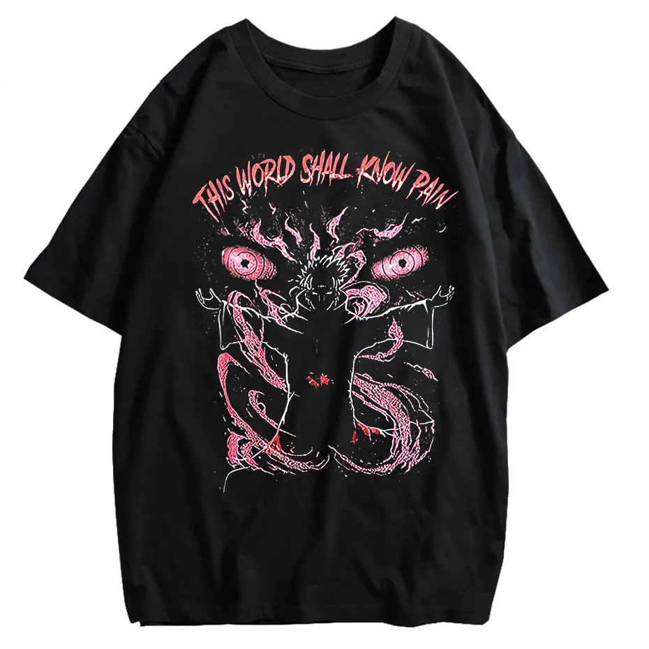 Anime Pain Print Vintage Washed T-Shirt 100% Cotton Harajuku Streetwear