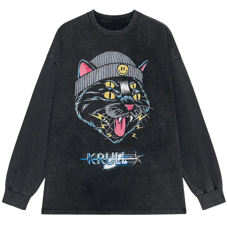 Hip Hop Oversized Cat Graphic T-Shirt Washed Cotton Streetwear Harajuku Tee