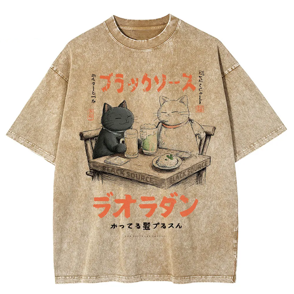 Funny Drinking Cat Japanese Harajuku Streetwear T-Shirt Cotton Unisex