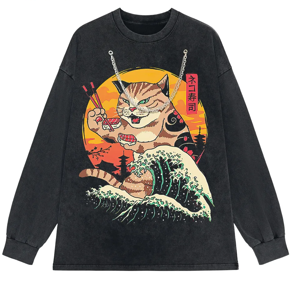 Japanese Genki Cat Anime Print Men's T-Shirt Casual O-Neck