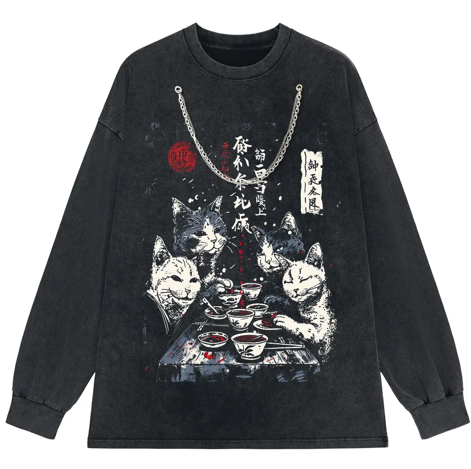 Japanese Cat Cartoon Graphic Baggy T-Shirt Men Streetwear