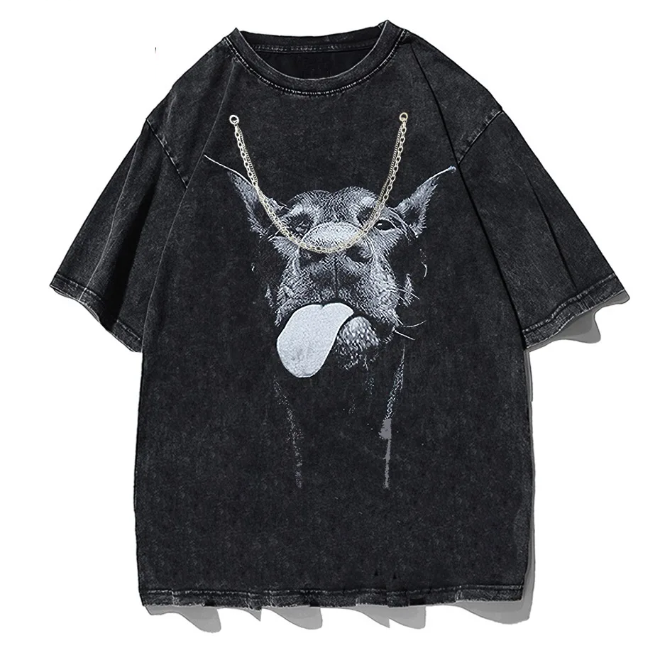Gothic Dog Letter Print Vintage Washed Oversized T-Shirt