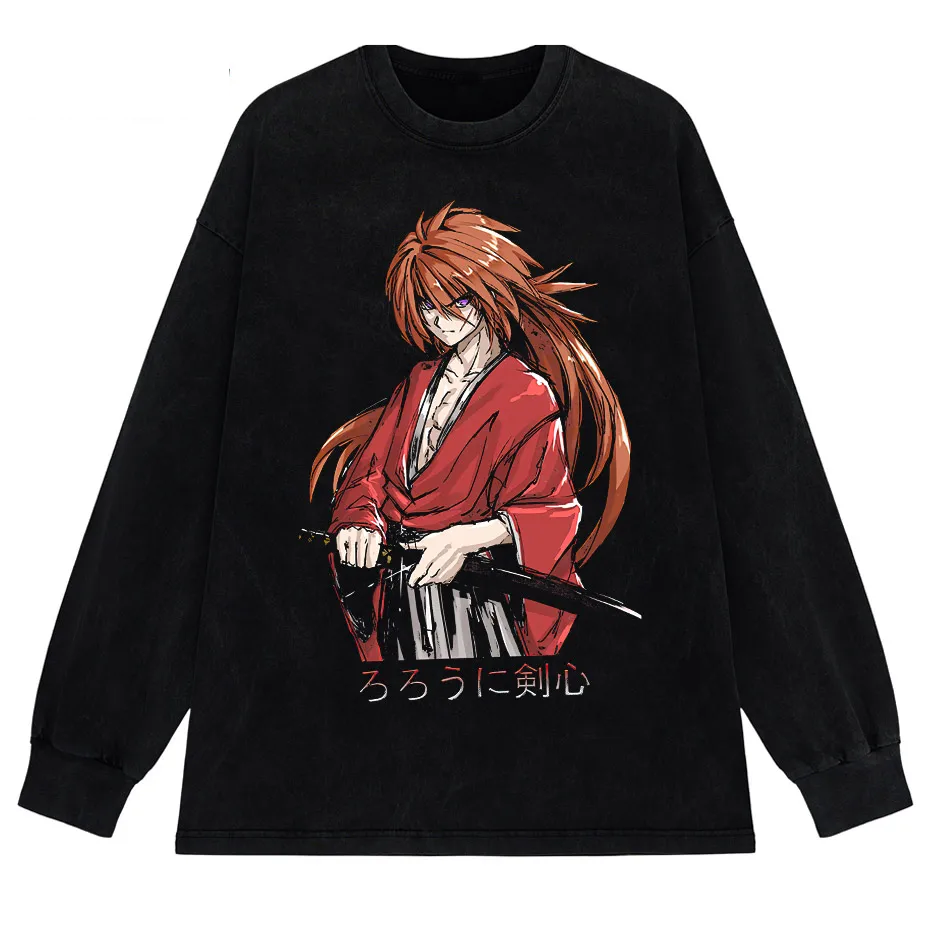 Rurouni Kenshin Washed Anime Graphic T-Shirt Men's Harajuku Streetwear Vintage Cotton Tee