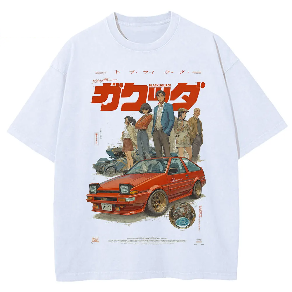 Japanese Kanji Dog Cat Graphic T Shirt Men Harajuku Streetwear Vintage Cotton Tee White