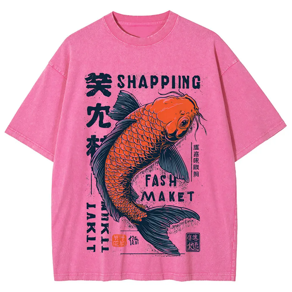 Men Summer Japanese Koi Fish Print Short Sleeve T Shirt Navy Blue