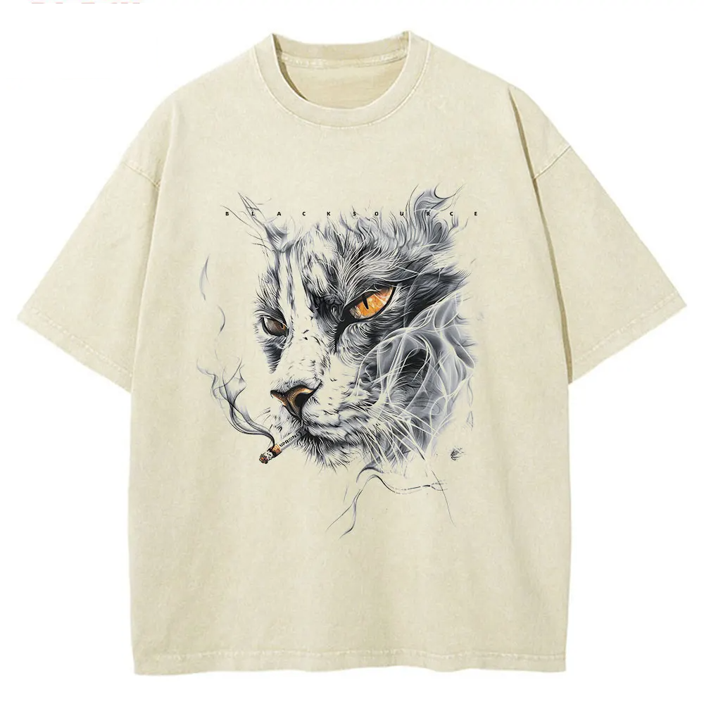 Smoking Cat Meme Graphic Cotton T-Shirt Unisex Casual Vintage