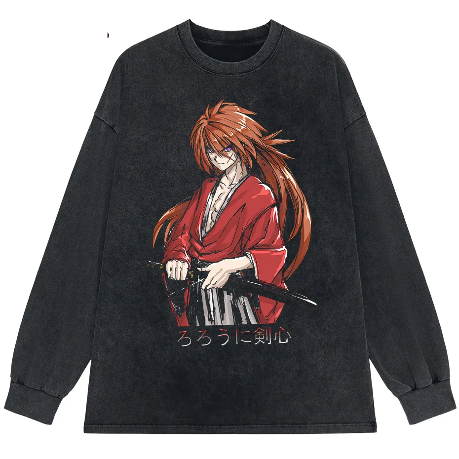 Rurouni Kenshin Washed Anime Graphic T-Shirt Men's Harajuku Streetwear Vintage Cotton Tee