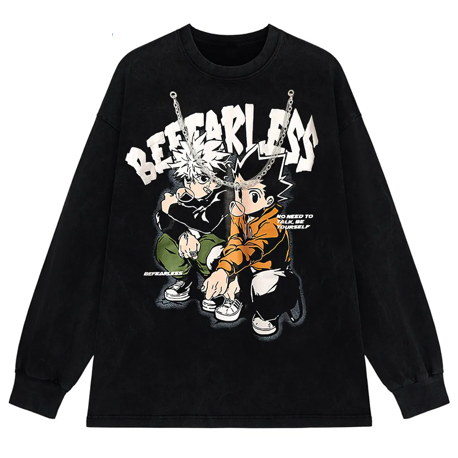 Men's Distressed Anime Graphic T-Shirt Hip Hop Harajuku Streetwear Cotton Oversized Tee