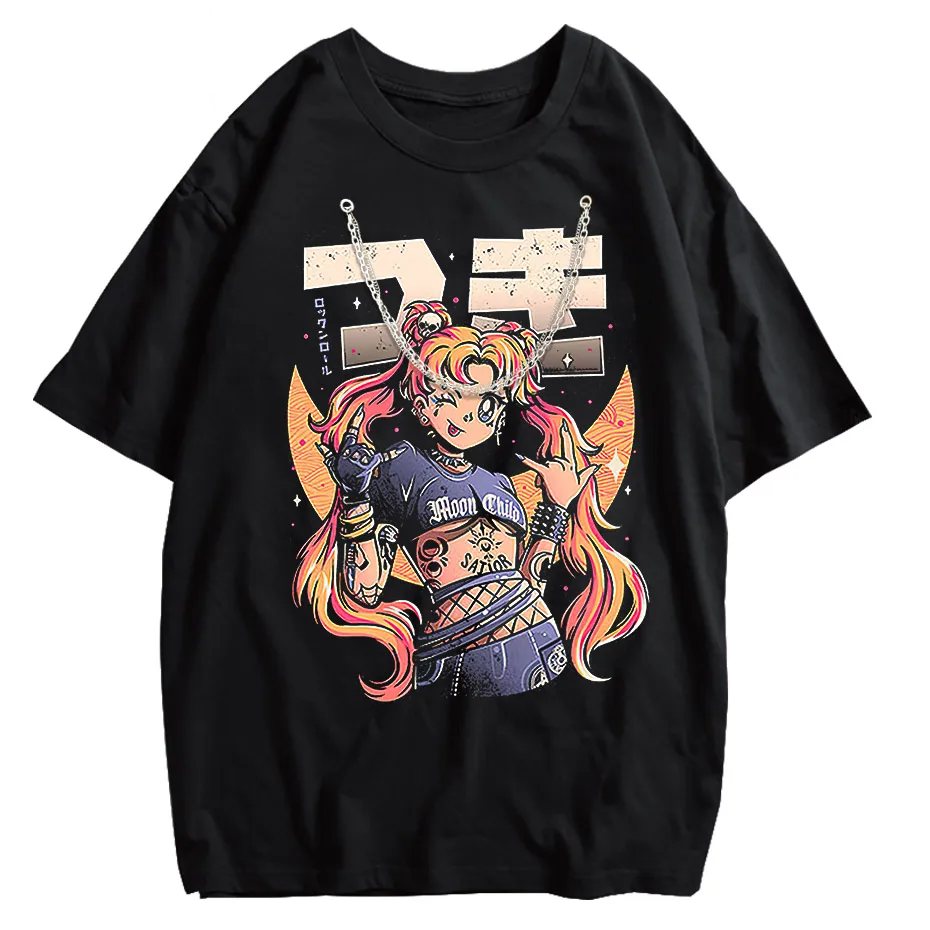 Men's Retro Anime Girl Graphic T-Shirt Cotton Oversized Vintage Tee