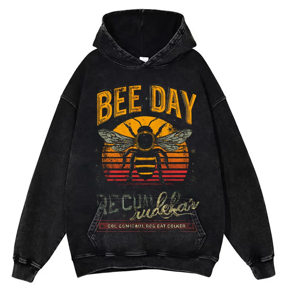 Bees Print Vintage Acid Wash Cotton T-Shirt (Unisex)