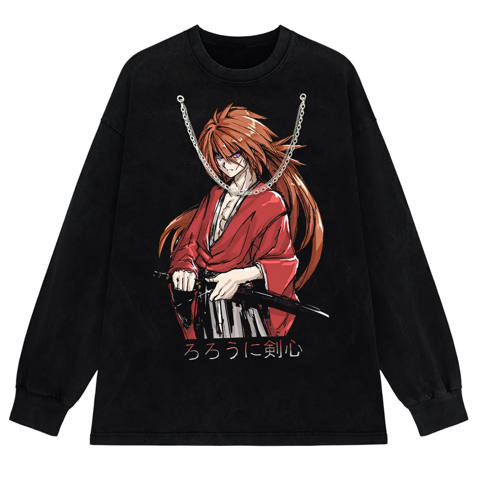 Rurouni Kenshin Washed Anime Graphic T-Shirt Men's Harajuku Streetwear Vintage Cotton Tee