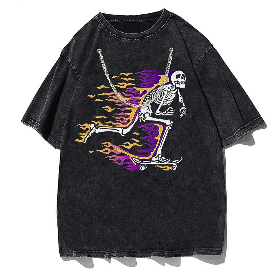 Vintage Washed Skull Graphic T-Shirt Men's Unisex High Street Oversized Tee