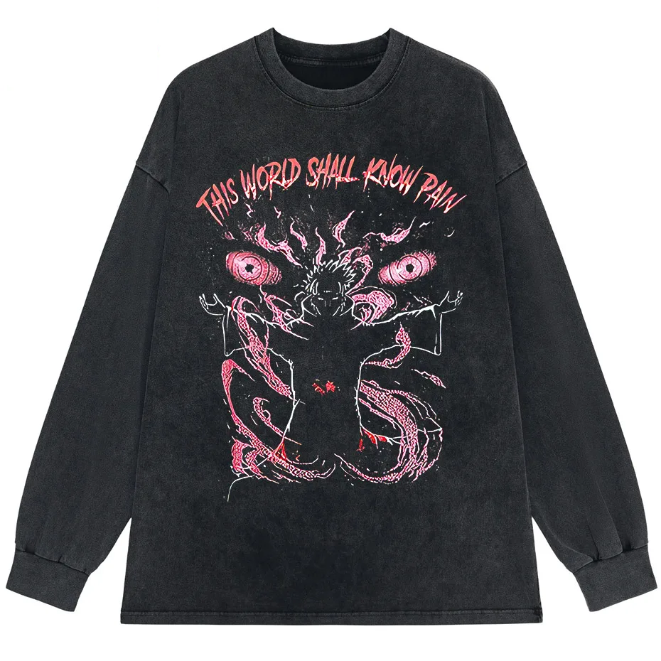 Anime Pain Print Vintage Washed T-Shirt 100% Cotton Harajuku Streetwear