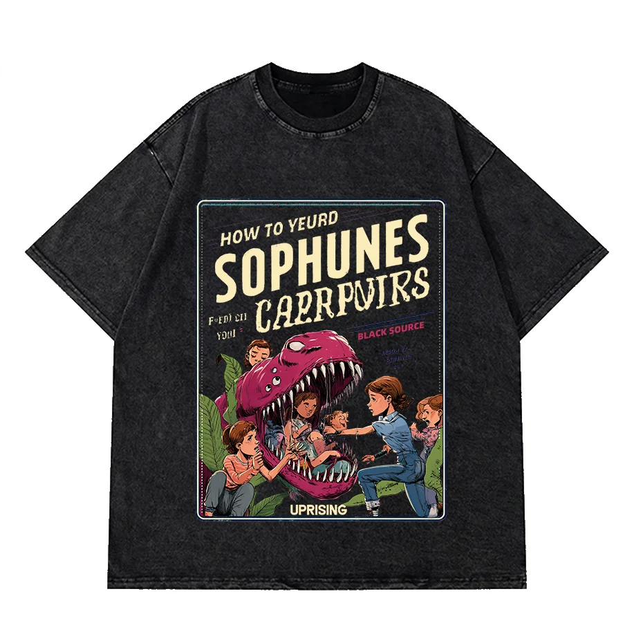 Carnivorous Plant Graphic Washed Tee Men Streetwear Cotton Crewneck