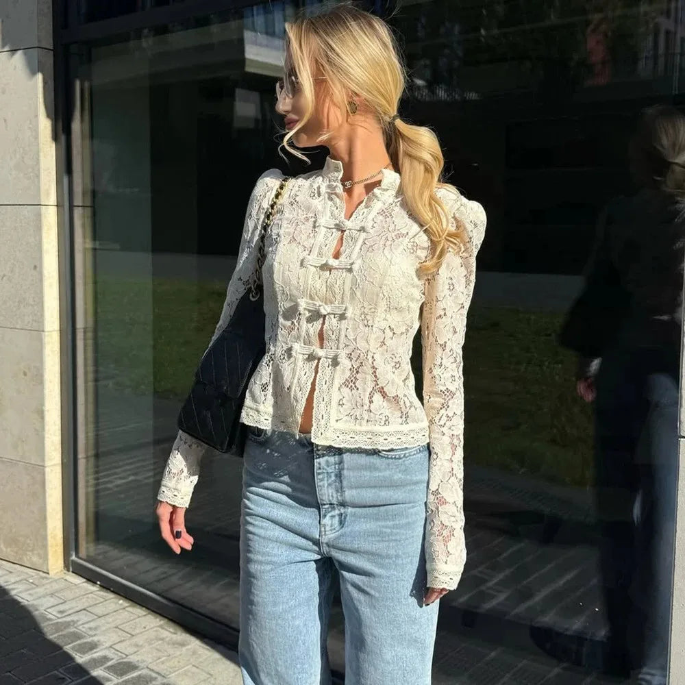 Women's Lace Detail Long Sleeve Button Front Blouse