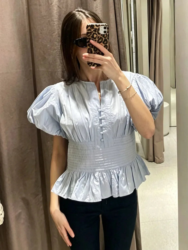 Women's Smocked Waist Ruffle Hem Short Sleeve Blouse