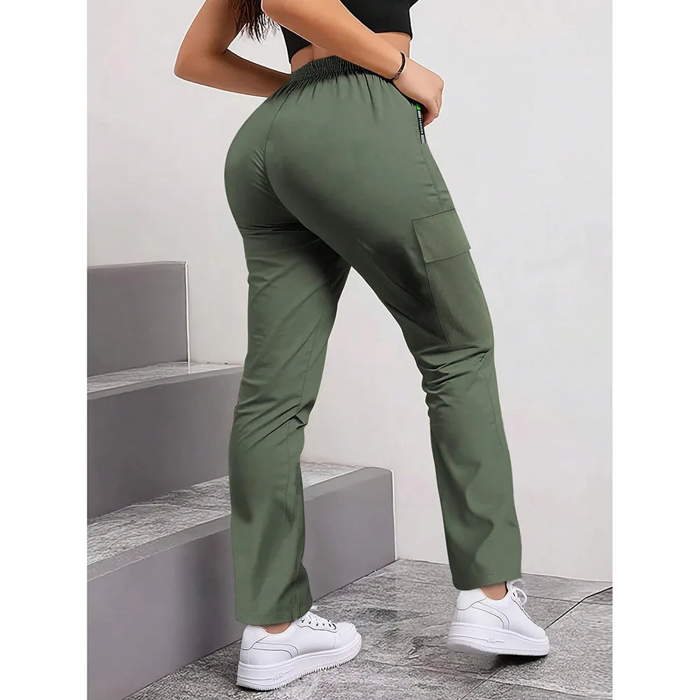 Women's Straight Cargo Pants with Zip Pockets and Adjustable Waist