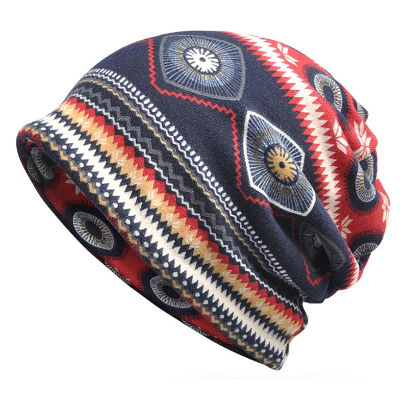 Printed Slouchy Beanie with Neck Gaiter Styling Options