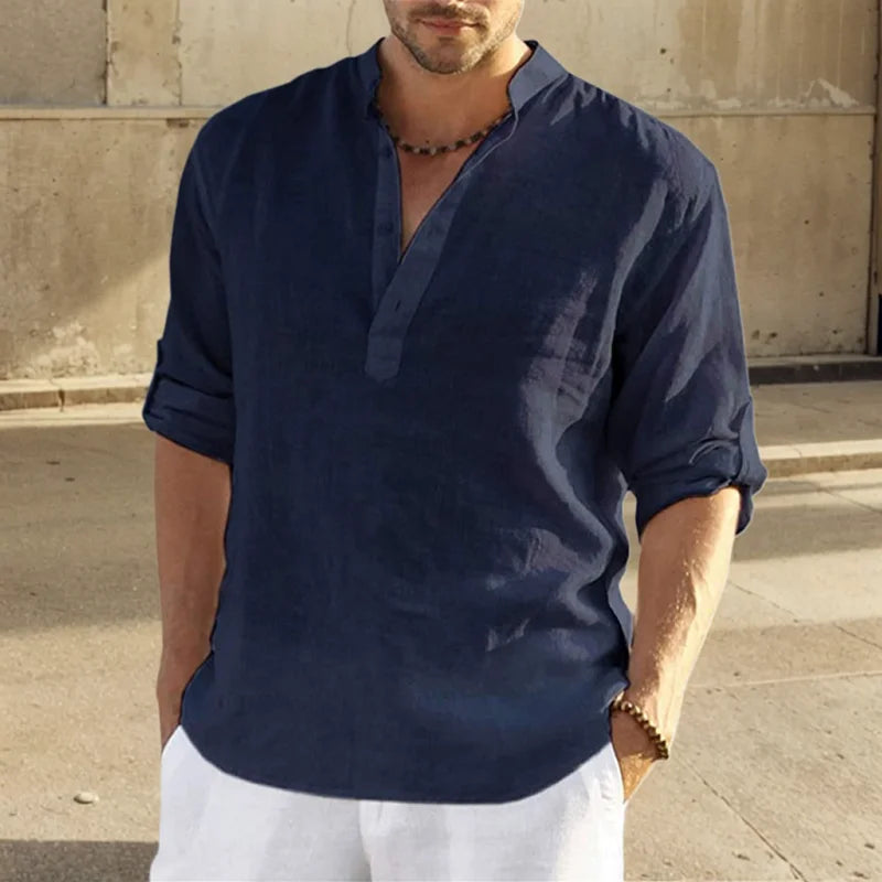 Men's Long-Sleeve Stand-Collar Pullover Shirt with Partial Button Front for Casual Outfits