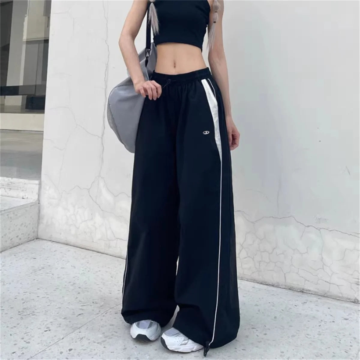 Women's Wide Leg Pants with Contrast Side Stripes and Waistband