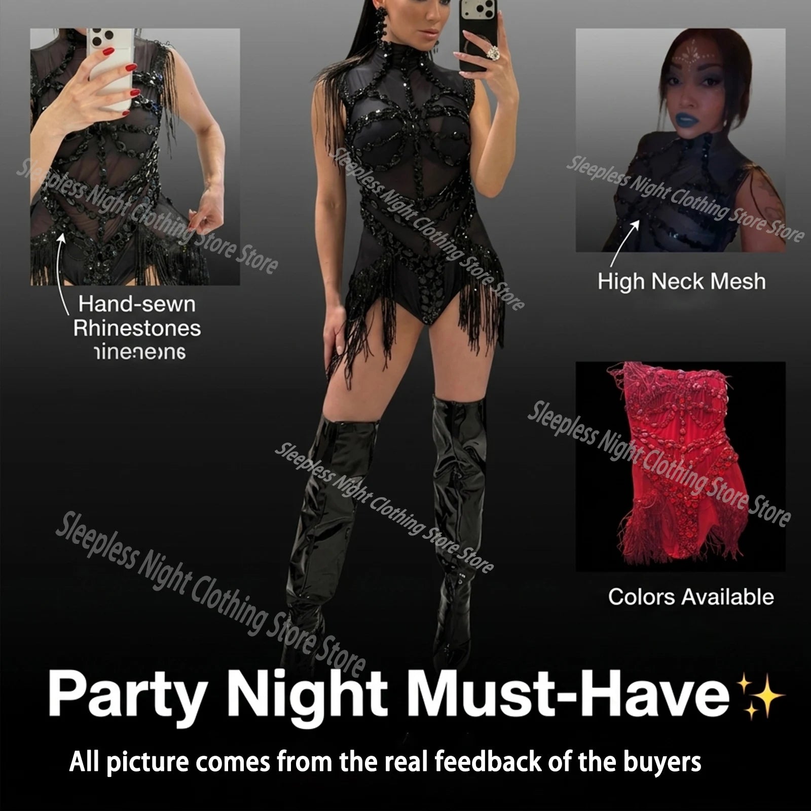 Women's Rhinestone Fringe Mesh Dance Bodysuit for Stage Costume Outfits