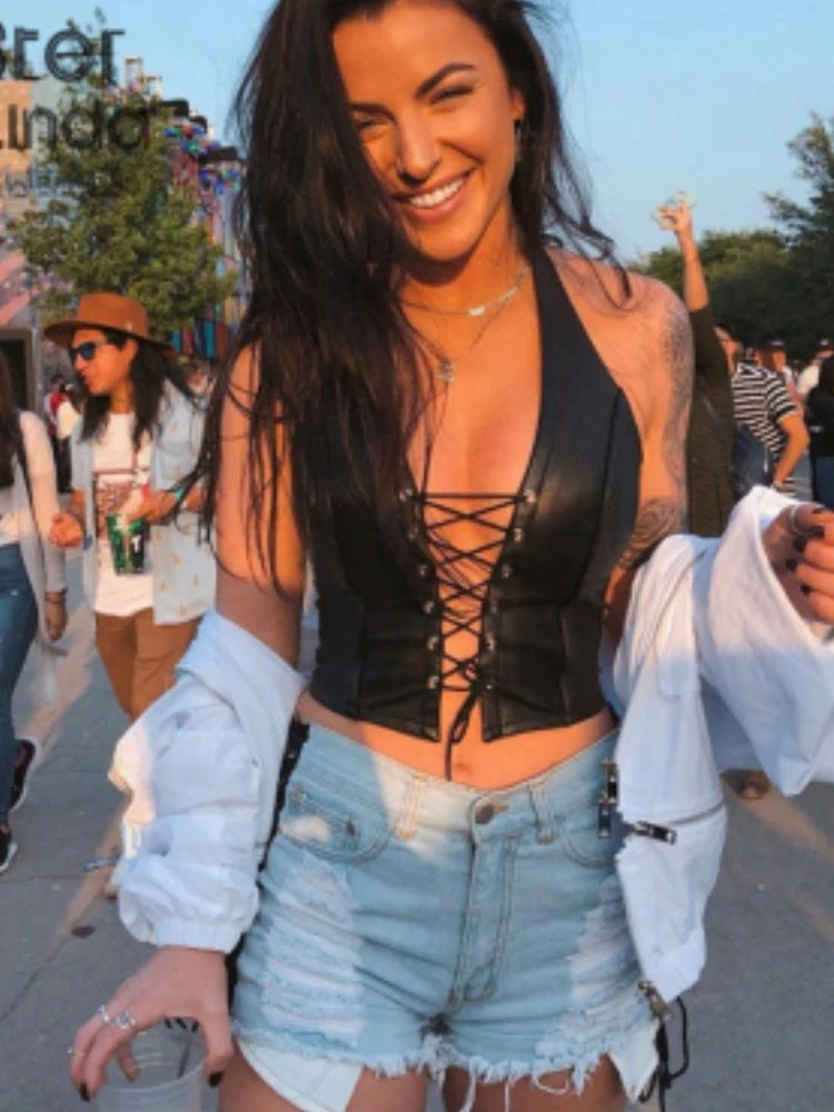 Women's Faux Leather Lace Up Halter Crop Top with an Open Back