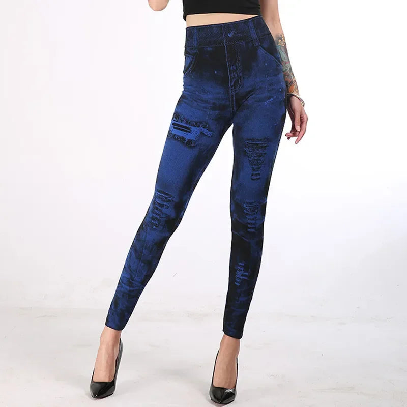 Women's High-Waist Denim-Print Ankle-Length Fitted Leggings