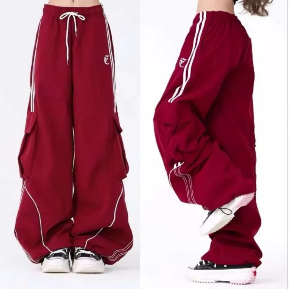 Women's Wide Leg Cargo Pants with Contrast Piping and Drawstring Waist