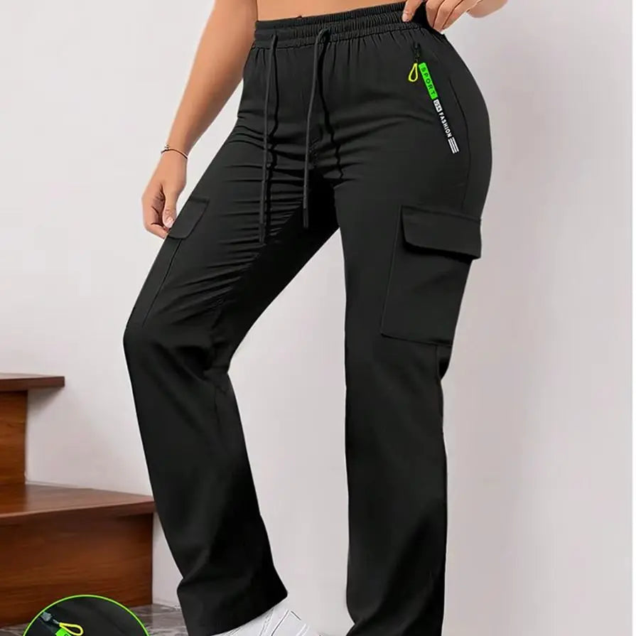 Women's Straight Cargo Pants with Zip Pockets and Adjustable Waist