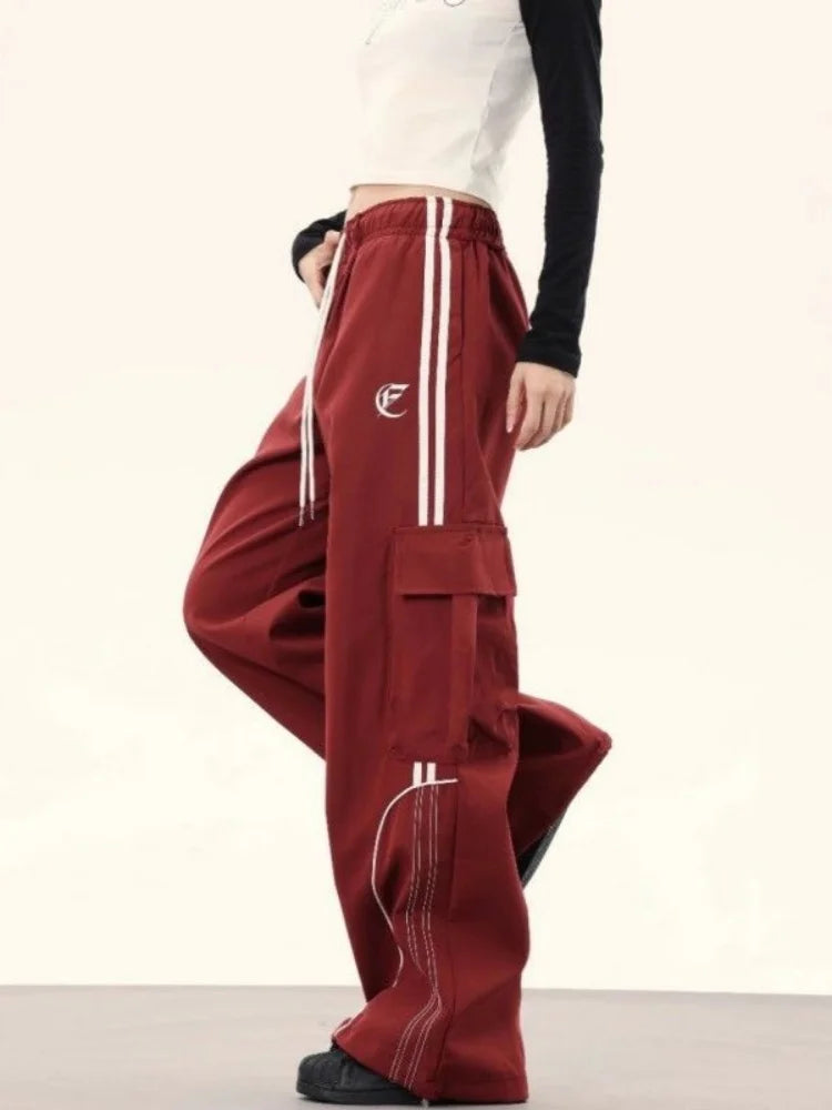 Women's Wide Leg Cargo Pants with Contrast Piping and Drawstring Waist