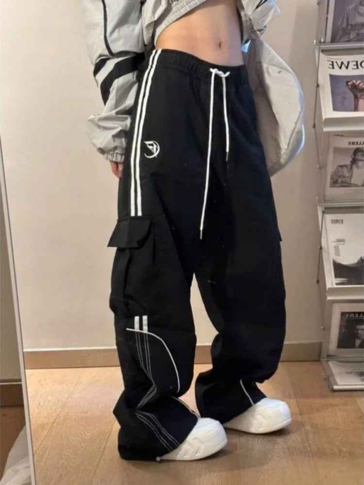 Women's Wide Leg Cargo Pants with Contrast Piping and Drawstring Waist