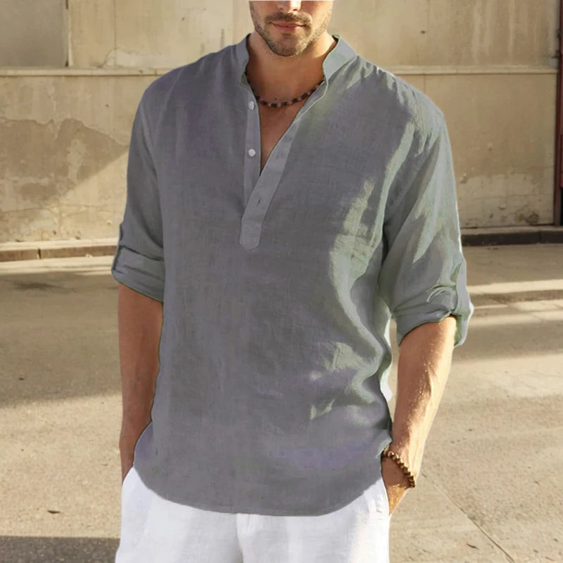 Men's Long-Sleeve Stand-Collar Pullover Shirt with Partial Button Front for Casual Outfits
