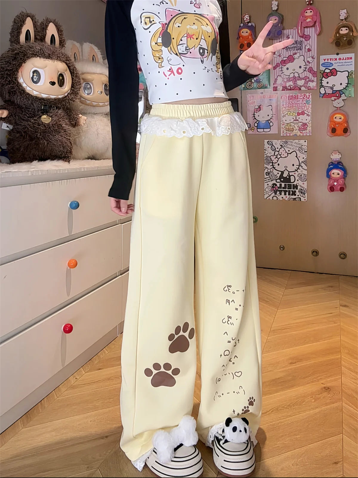 Women's Wide Leg Pants with Paw Prints and Lace Waist Trim