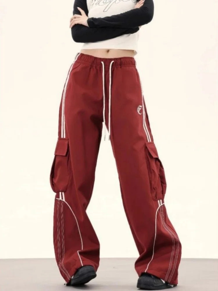 Women's Wide Leg Cargo Pants with Contrast Piping and Drawstring Waist
