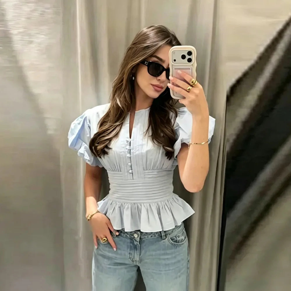 Women's Smocked Waist Ruffle Hem Short Sleeve Blouse