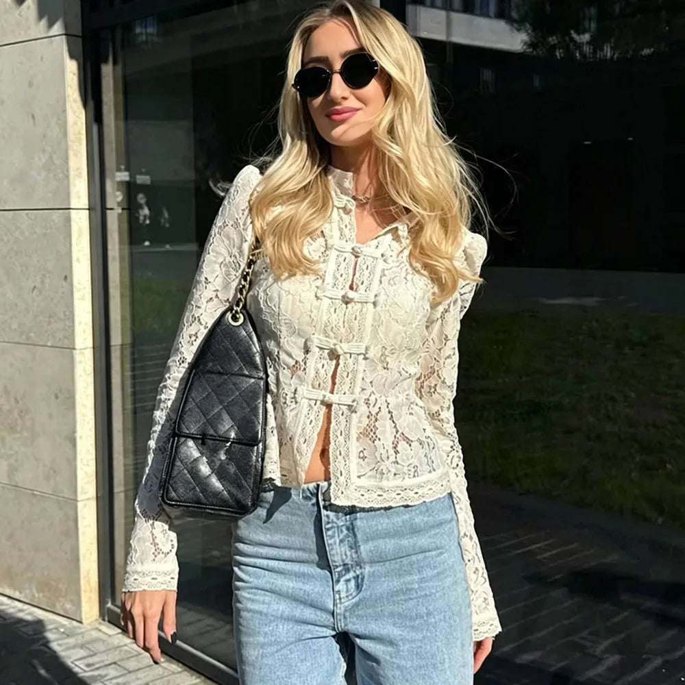 Women's Lace Detail Long Sleeve Button Front Blouse