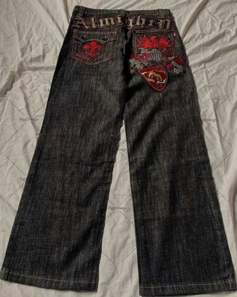 Men's Embroidered Wide Leg Denim Jeans for Casual Everyday Wear
