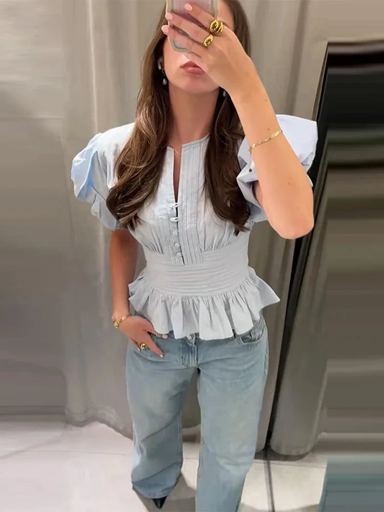 Women's Smocked Waist Ruffle Hem Short Sleeve Blouse