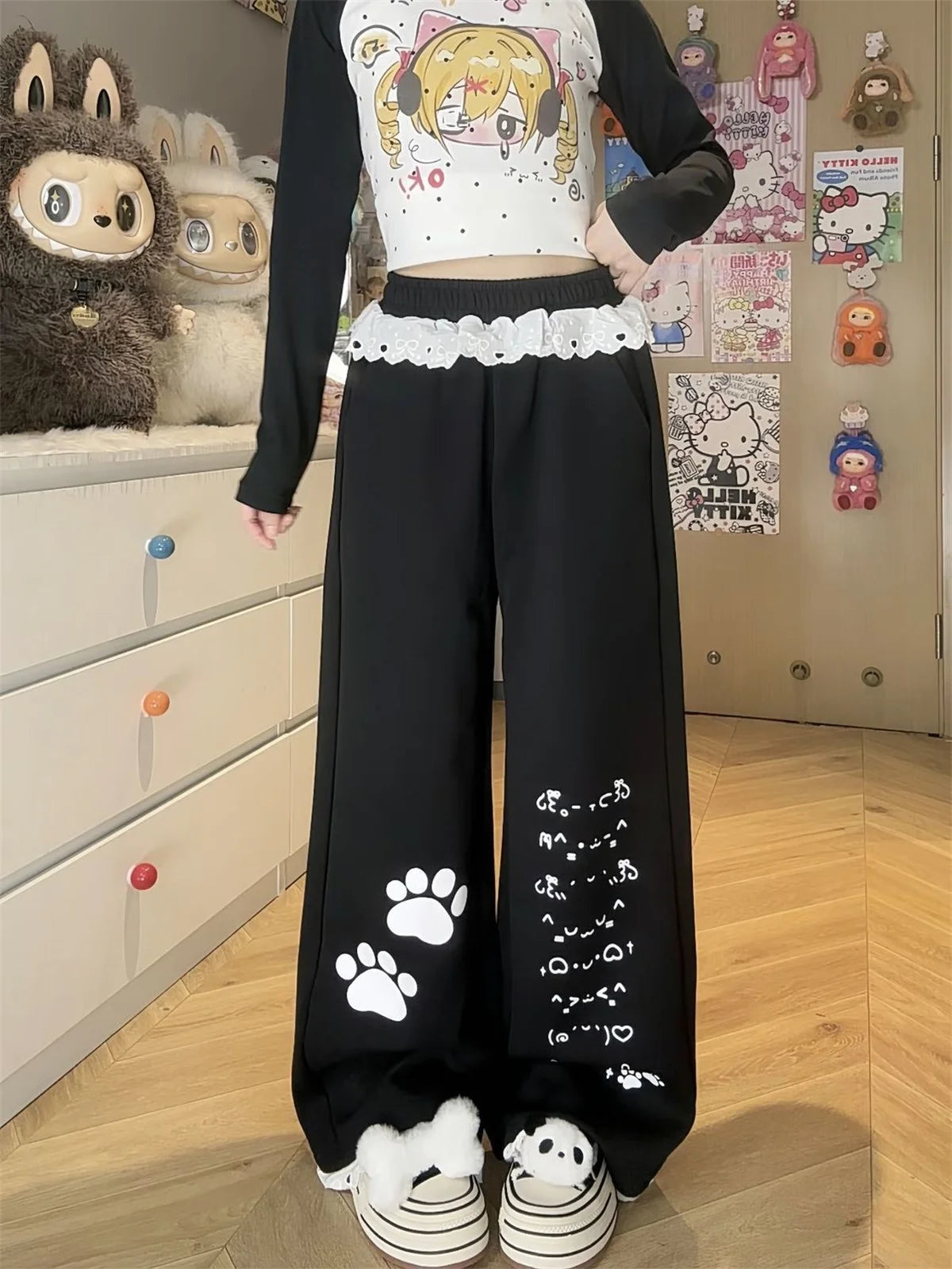 Women's Wide Leg Pants with Paw Prints and Lace Waist Trim
