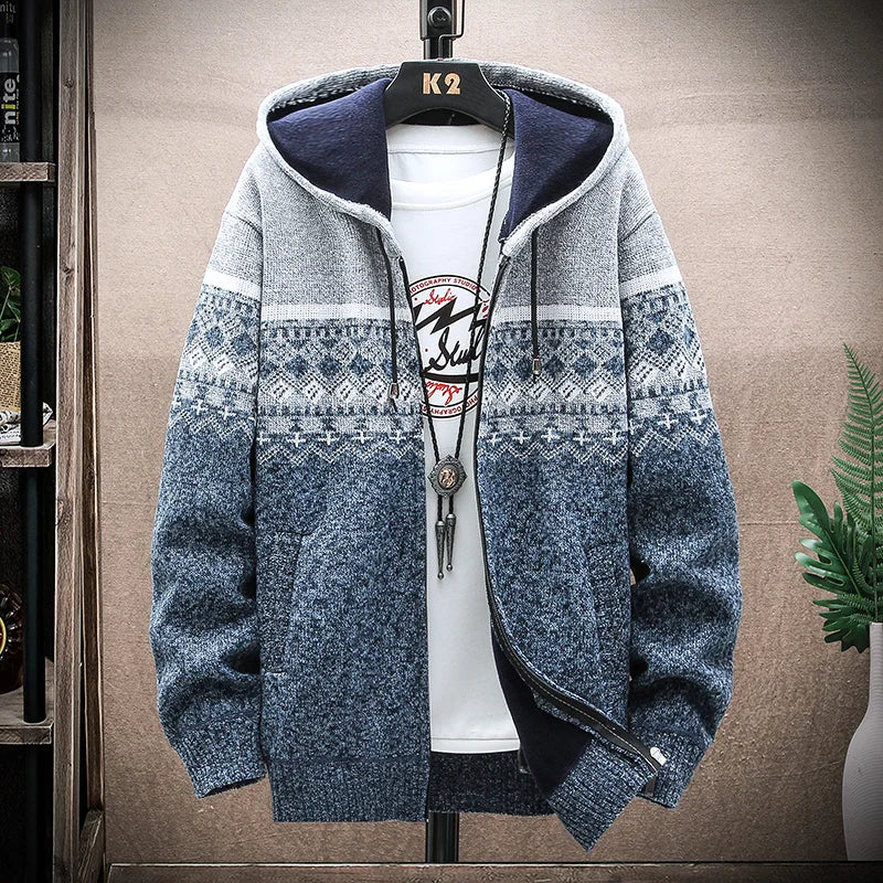 Men's Checked Hooded Zip Front Knit Cardigan