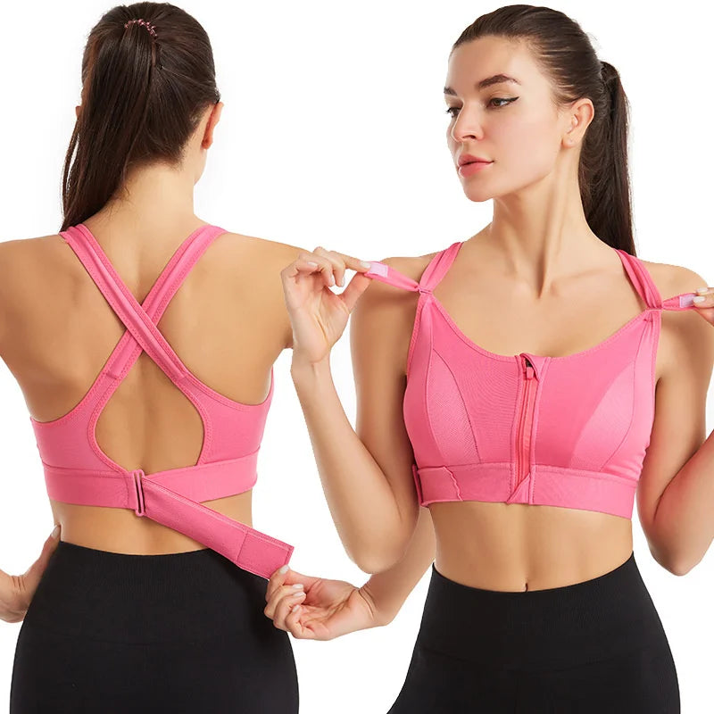 Women's Front Zip Cross Back Sports Bra