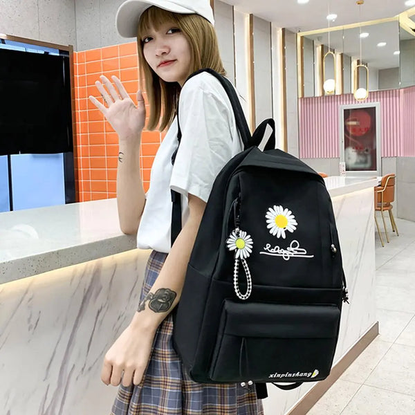 4pcs/Set Preppy Style Daisy Print Backpacks Canvas School Rucksack Teenager Girls Travel Mochila Shoulder Bags Students Clutches