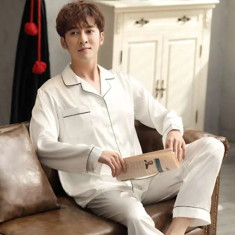 Men's Satin Look Button Front Shirt and Pants Pajama Set