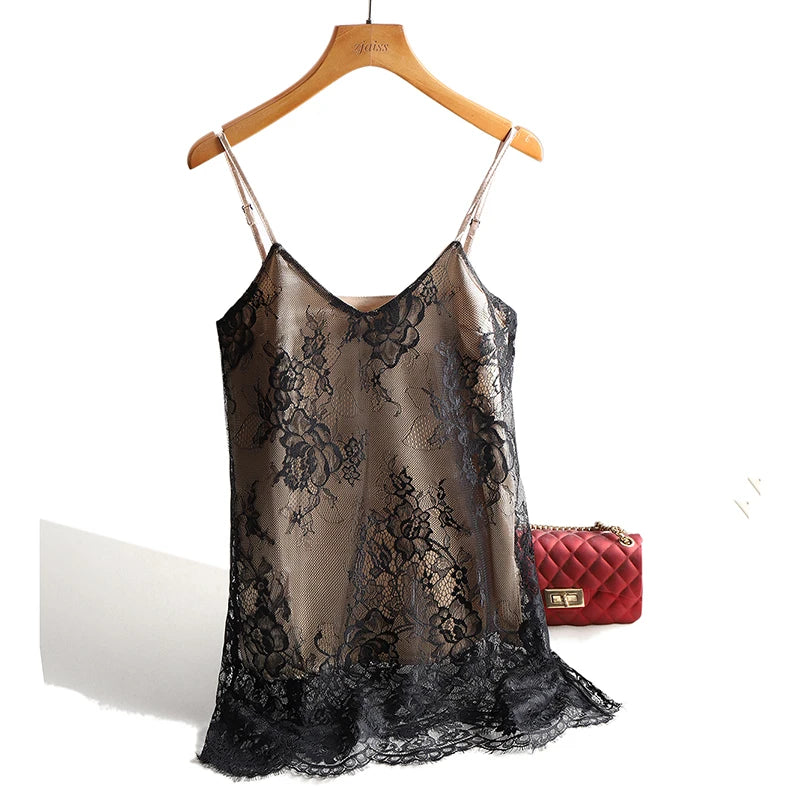 Women's Floral Lace Silk Blend Camisole with a V Neckline