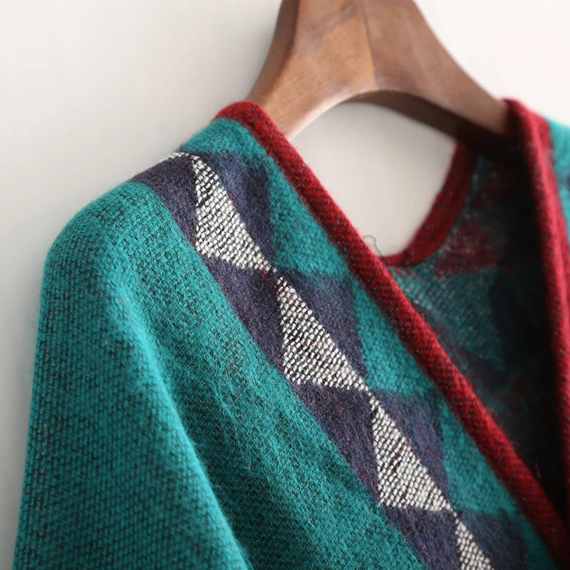 Geometric Pattern Fringed Poncho for Layering over Outfits