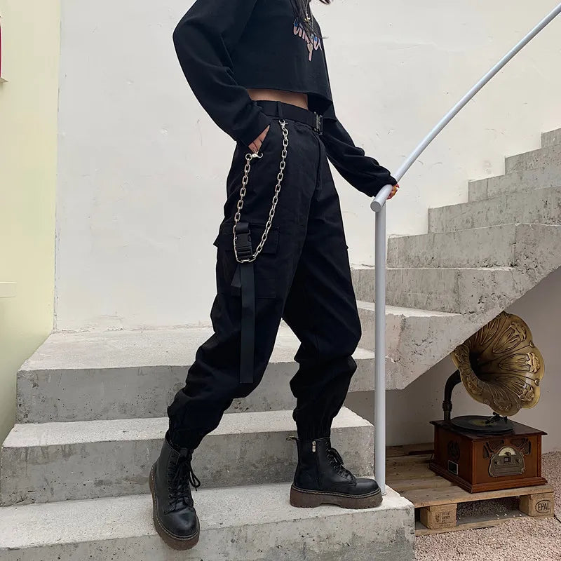 Women's Black Cargo Joggers with Straps and Elastic Ankle Cuffs